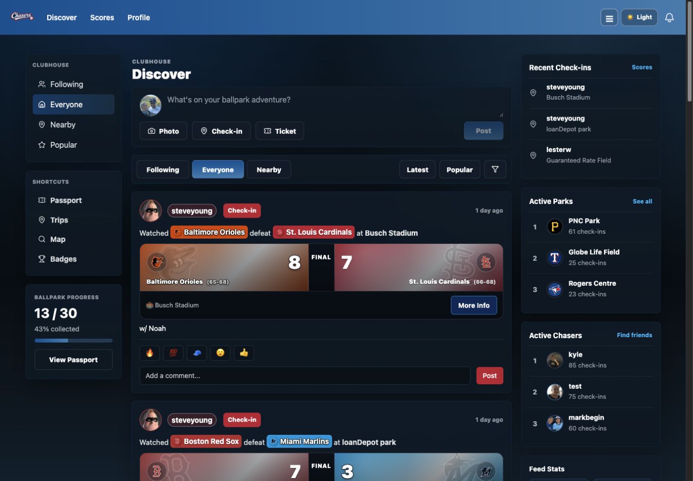 GameDayChasers community feed with a post composer, member filters, avatars, and recent check-ins