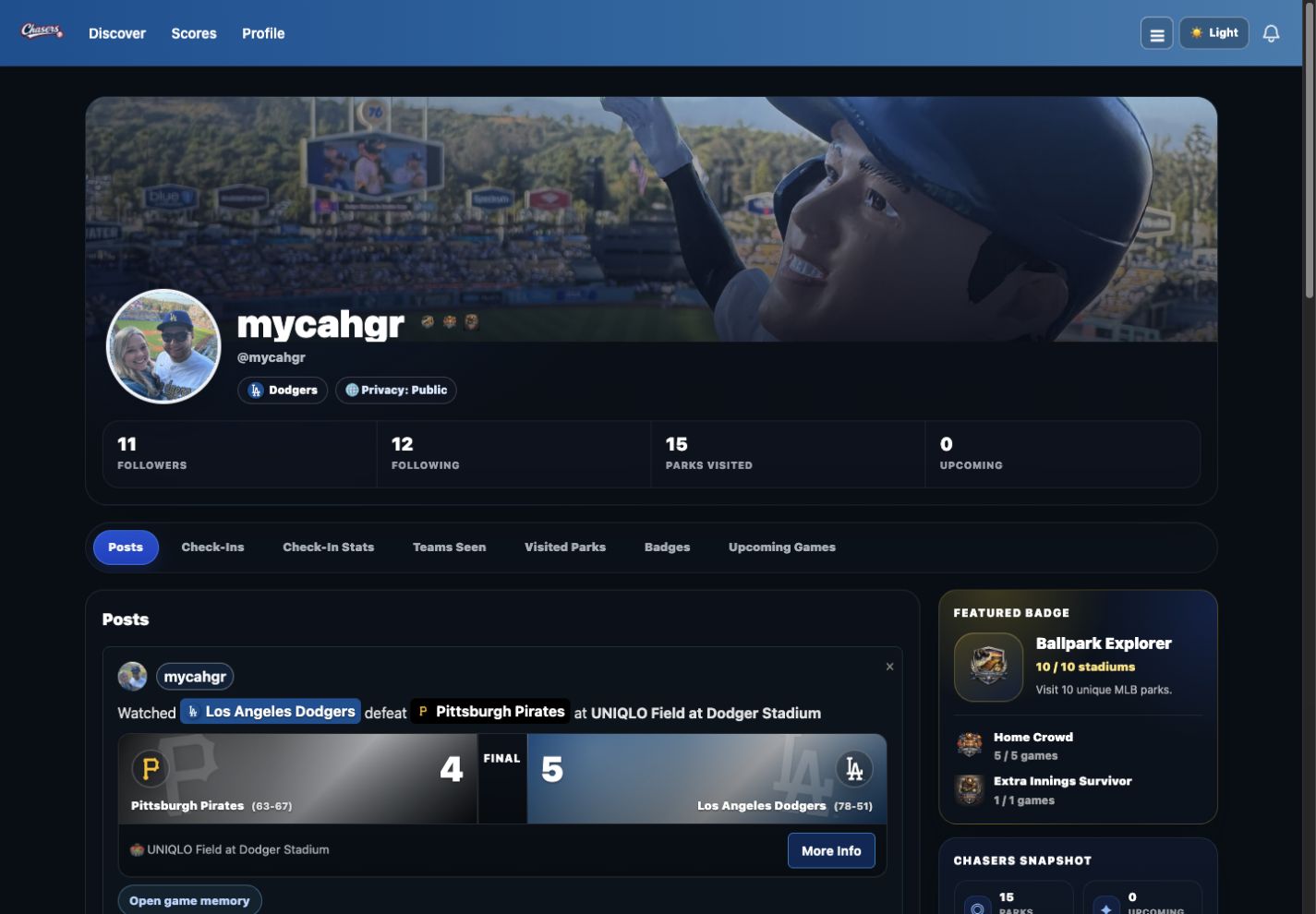 GameDayChasers member profile with an avatar, followers, visited parks, and posts